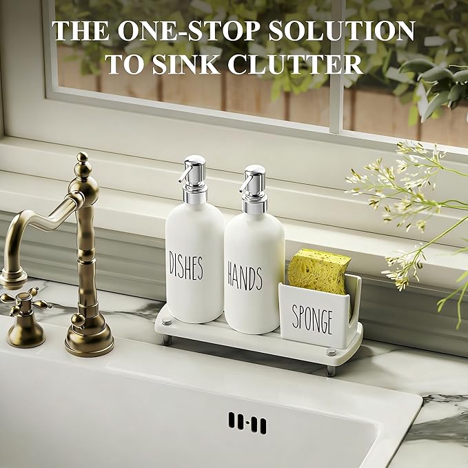 Cisily Kitchen Soap Dispenser Set Comes with Ceramics Sponge Holder, Gold Pumps, and Instant Dry Tray, Hand and Dish Soap Dispenser Set (4, Silver + White + Sponge Holder) - Image 6
