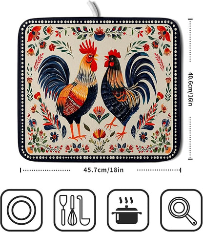 Roosters Chicken Dish Drying Mat for Kitchen Counter Absorbent Microfiber Drying Pad 16 x18 In - Image 2