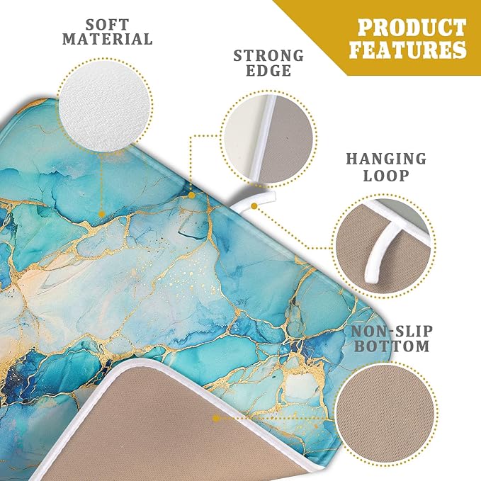 Marble Print Dish Drying Mat for Kitchen Counter,Blue Teal Turquoise Gold Drying Mat 16 x 18 Inch with Absorbent Reversible Microfiber Drying Pad for Coffee Bar - Image 4