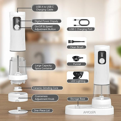 Electric Salt and Pepper Grinder Set, Upgrade 2-Speed Setting, External 5 Adjustable Coarseness, Rechargeable Automatic Salt & Pepper Shakers Mill with Battery Display, Storage Base & Led Light, White - Image 9