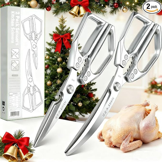 2-Piece Heavy Duty Kitchen Scissors Professional Stainless Steel Meat & Poultry Shears for Cutting Chicken Bones with Ergonomic Handles, Dishwasher Safe for Kitchen & BBQ Silver
