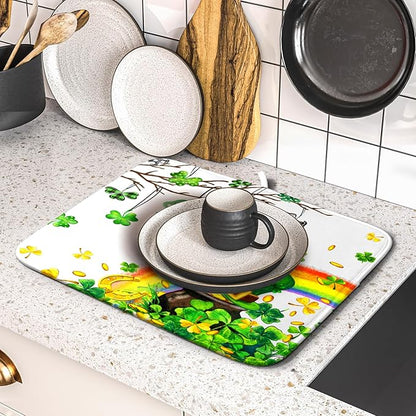 Giwawa St Patrick Dish Drying Mat Small Lucky Clover Tree Shamrock Dish Drainer Mats 16x18inch Spring Elf Hat Rainbow Colorful Fast Drying Absorbent Dish Drying Pad for Kitchen Counter Decor