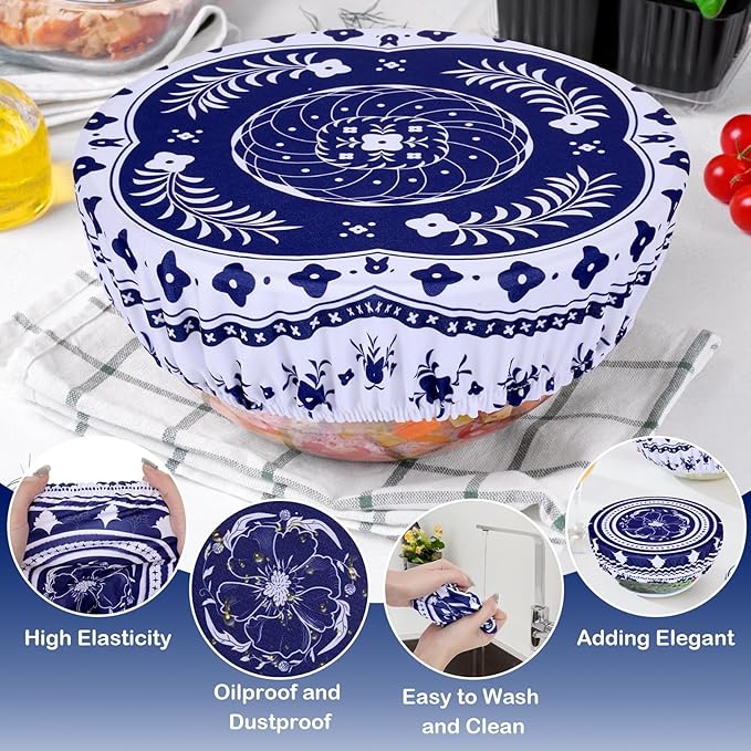 5 Pieces Bowl Covers Reusable, 5 Multi-Size Elastic Cloth Fabric Bowl Covers for Bread Proofing Stretch Food Covers Washable for Food Fruits Leftover (Blue) - Image 6