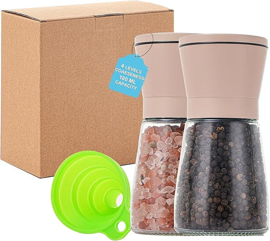 DAVIMADE Original Beige Salt and Pepper Grinder Set of 2 - Adjustable Ceramic Grinder - Glass Salt and Pepper Shakers W/Funnel - Spice Mill - Beige Kitchen Accessories