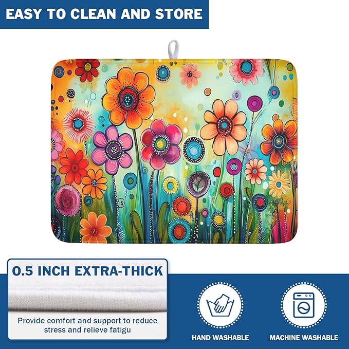 Abstract Colorful Floral Dish Drying Mat for Kitchen Counter Spring Summer Flower Microfiber Dish Drainer Mat Rustic Absorbent Washable Drying Pad Extra Large 18"x24"