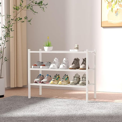 ROMGUAR CRAFT 3 Tier Bamboo Shoe Rack for Closet Free Standing Wood Shoe Shelf Storage Organizer for Entryway Small Space Stackable 27"x11"x20" (White) - Image 2