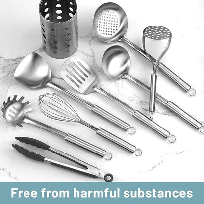 Pleafind Stainless Steel Cooking Utensils Set, 9 Pcs Heat Resistant Kitchen Utensils Set, Nonstick Kitchen Tools Set With Utensil Holder, Metal Spatula Set for Chef, Dishwasher Safe