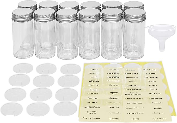 Simple Houseware 12-Pack 3 oz Glass Spice Jars, Round Bottles with Shaker Lids, Funnel and Labels for Seasoning & Storage - Image 2