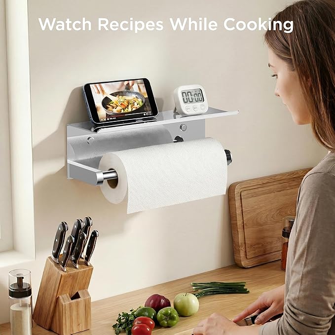 FORIOUS Paper Towel Holder with Shelf, SUS304 Stainless Steel Paper Towel Holder with Storage Shelf, Wall Mount Screw Paper Roll Organizer Commercial Paper Hand Towel Dispensers, Chrome - Image 3