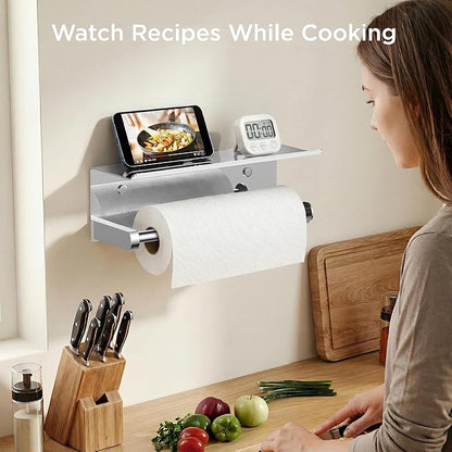 FORIOUS Paper Towel Holder with Shelf, SUS304 Stainless Steel Paper Towel Holder with Storage Shelf, Wall Mount Screw Paper Roll Organizer Commercial Paper Hand Towel Dispensers, Chrome - Image 3