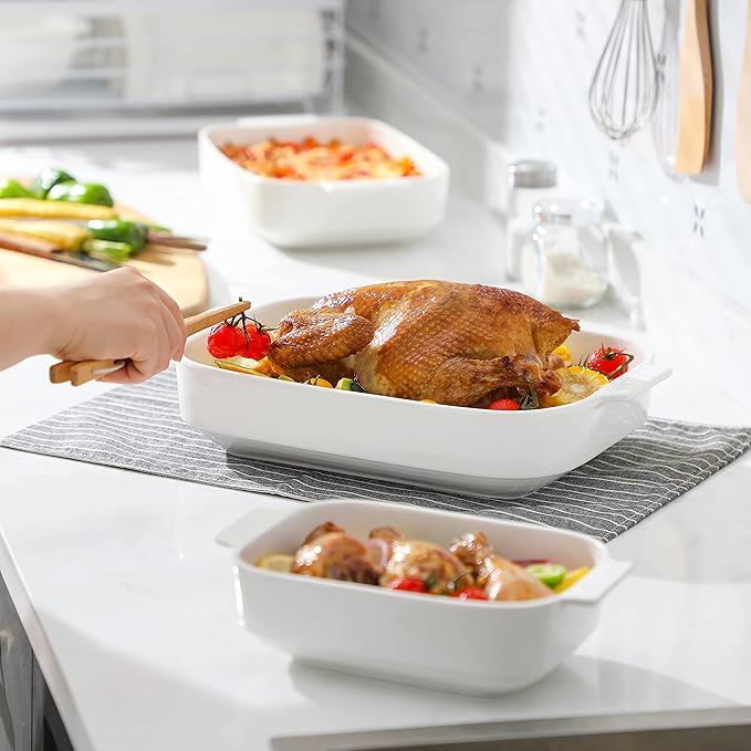 MALACASA Casserole Dishes for Oven, Ceramic Baking Dishes Set of 3, Rectangular Lasagna Pan Deep Baking Pans, Bakeware Sets with Handles Gift Set, White (13.8''/11.7''/9.4''), Series BAKE - Image 7