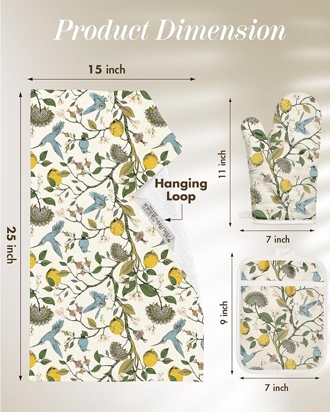 Miss Adola 270 GSM Cotton Kitchen Towels, Oven Mitt and Pot Holder - 4 Pack Kitchen Decor and Accessories Set Spring Cute Farmhouse Boho Quilted Lining Heat Resistant Set with Hanging Loop, Lemon Bird - Image 5