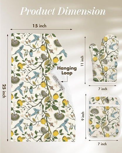 Miss Adola 270 GSM Cotton Kitchen Towels, Oven Mitt and Pot Holder - 4 Pack Kitchen Decor and Accessories Set Spring Cute Farmhouse Boho Quilted Lining Heat Resistant Set with Hanging Loop, Lemon Bird - Image 5