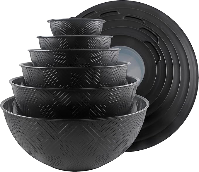 COOK WITH COLOR Mixing Bowls with Lids - 12 Piece Plastic Nesting Bowls Set includes 6 Prep Bowls and 6 Lids, Microwave Safe Mixing Bowl Set, Black Rhombus by CookwithColor