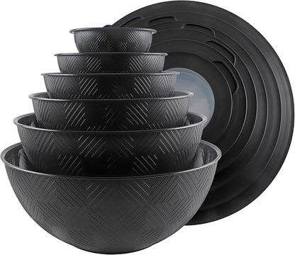 COOK WITH COLOR Mixing Bowls with Lids - 12 Piece Plastic Nesting Bowls Set includes 6 Prep Bowls and 6 Lids, Microwave Safe Mixing Bowl Set, Black Rhombus by CookwithColor