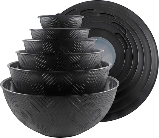 COOK WITH COLOR Mixing Bowls with Lids - 12 Piece Plastic Nesting Bowls Set includes 6 Prep Bowls and 6 Lids, Microwave Safe Mixing Bowl Set, Black Rhombus by CookwithColor
