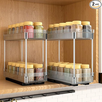 DABIGE 2 Pack Pull Out Spice Rack Organizer for Cabinet, 2 Tier Slide Out Spice Racks Organizer, Spice Cabinet Organizers, Cabinet Size Need:12'' High x 11'' Deep x 5'' Wide, Clear Acrylic by DABIGE