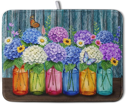 Hydrangea Dish Drying Mat Spring Summer Floral Jars Kitchen Drying Mats for Countertops Vintage Flower Vases Dish Draining Mat Microfiber Absorbent Dish Rack Pad 18x24 Inch by Kwlegh