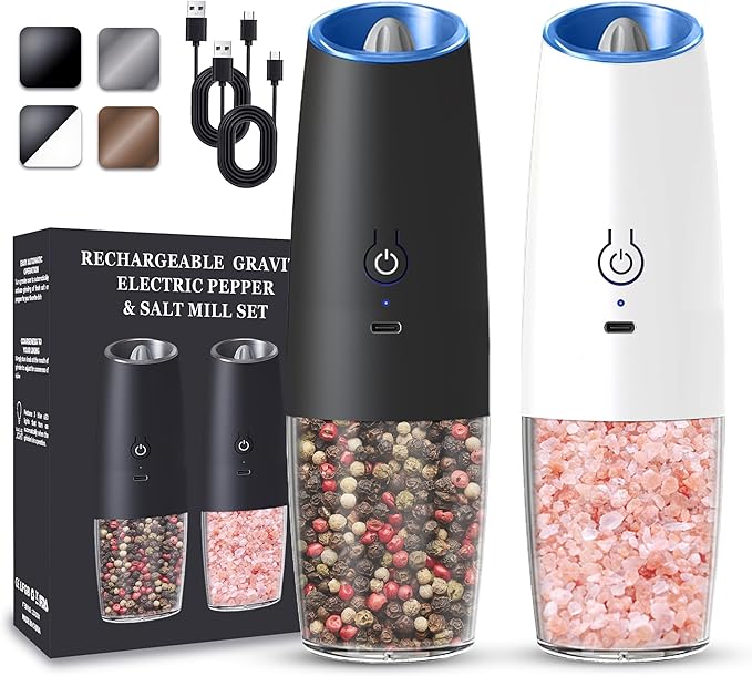 UNNEES Rechargeable Electric Salt and Pepper Grinder set of 2, gravity electric salt and pepper grinder set, Adjustable Roughness, LED Light, 2 Pack, (Black&White) by UNNEES