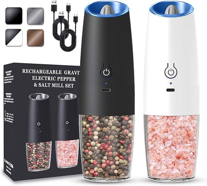 UNNEES Rechargeable Electric Salt and Pepper Grinder set of 2, gravity electric salt and pepper grinder set, Adjustable Roughness, LED Light, 2 Pack, (Black&White) by UNNEES