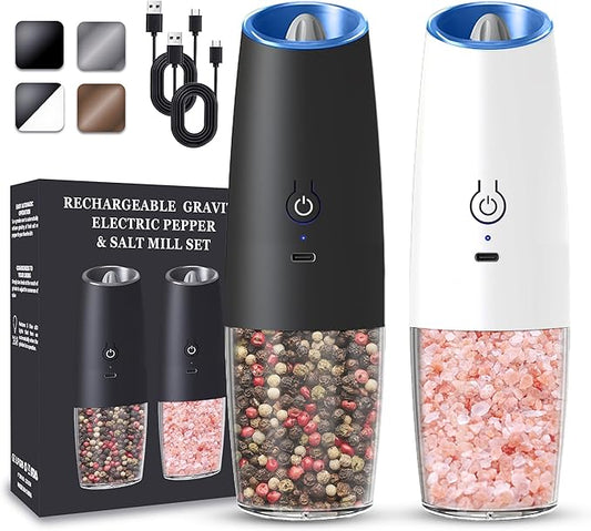 UNNEES Rechargeable Electric Salt and Pepper Grinder set of 2, gravity electric salt and pepper grinder set, Adjustable Roughness, LED Light, 2 Pack, (Black&White) by UNNEES