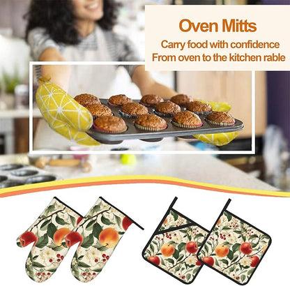 Apple Flower Oven Mitts & Potholder Set of 4 - Heat Resistant Kitchen Gloves Hot Pads for Baking, Cooking, Gifts for Women