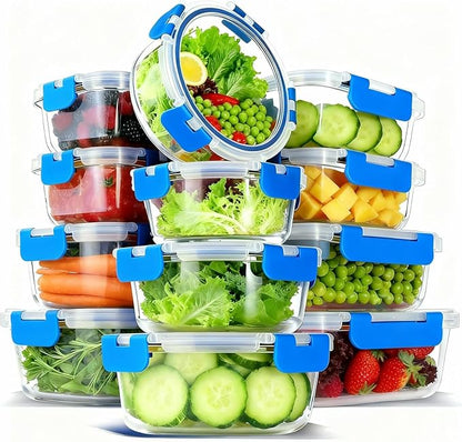 12 Pack Glass Food Storage Container Set with Lids Airtight, Stackable Meal Prep & Leftover Containers, Lunch Box for Microwave, Oven, Freezer and Dishwasher (Blue) by Bestfull