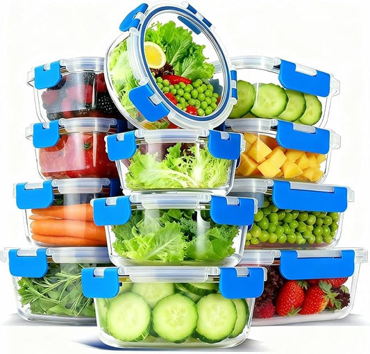 12 Pack Glass Food Storage Container Set with Lids Airtight, Stackable Meal Prep & Leftover Containers, Lunch Box for Microwave, Oven, Freezer and Dishwasher (Blue) by Bestfull