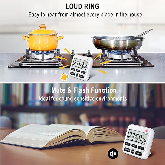 KTKUDY Digital Kitchen Timer with Mute/Loud Alarm Switch ON/Off Switch, 12-Hour Clock & Alarm, Memory Function Count Up & Count Down for Kids Teachers Cooking, Large LCD Display, Strong Magnet (White) - Image 3