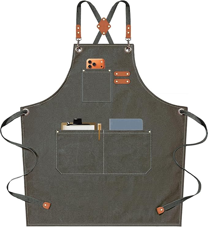 AFUN Chef Aprons for Men Women with Oversized Pockets, 16-Ounce Cotton Canvas Cross Back Heavy Duty Work Apron (Grey Green) by BringYouaFun