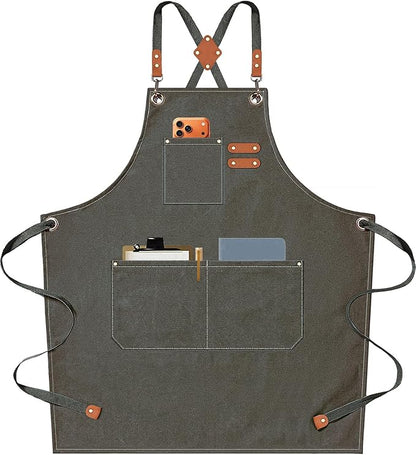 AFUN Chef Aprons for Men Women with Oversized Pockets, 16-Ounce Cotton Canvas Cross Back Heavy Duty Work Apron (Grey Green) by BringYouaFun