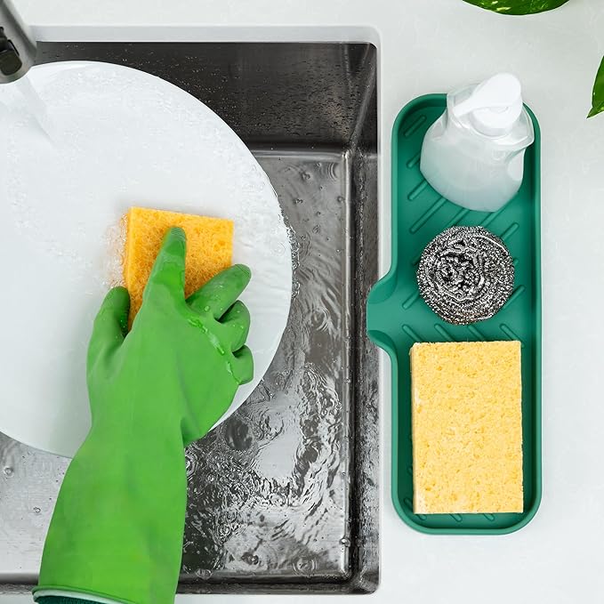 Zulay Kitchen Large Silicone Sponge Holder (12x4) – Flexible Sink Organizer Tray for Kitchen & Bathroom – Multipurpose Soap Dish for Sponges, Makeup, Trinkets & More (Pine Green) - Image 3