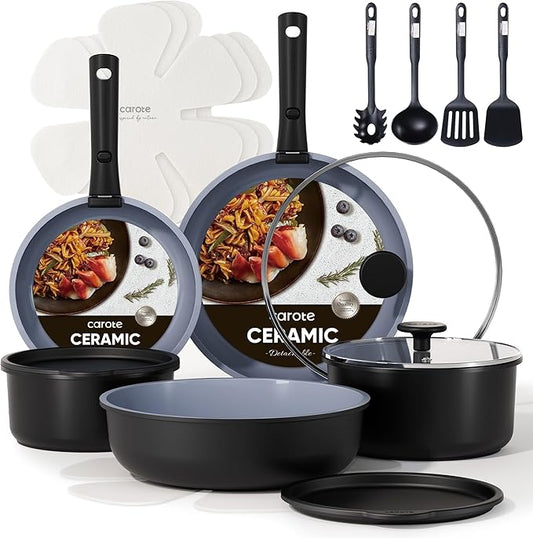 CAROTE 19PCS Ceramic Cookware Sets, Black and Gray, Pots and Pans Set Non Stick Non Toxic, Induction Cookware, Kitchen Cookware Sets, Pots Set for Healthy Cooking by CAROTE