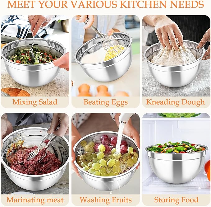 TeamFar Mixing Bowls, Stainless Steel Nesting Salad Bowls with Lids Set & 3 Grater Attachments, For Mixing/Serving/Storing, Non-toxic & Long-lasting, Size 4.6/3 / 1.5 QT, Colorful - Image 7