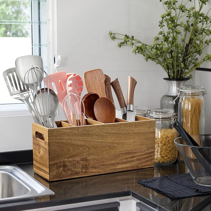 ALELION Acacia Wood Utensil Holder with Removable Divider - 4 Compartment Wooden Utensil Caddy Organizer for Kitchen Counter - Cooking Utensil Crock for Countertop - Image 3
