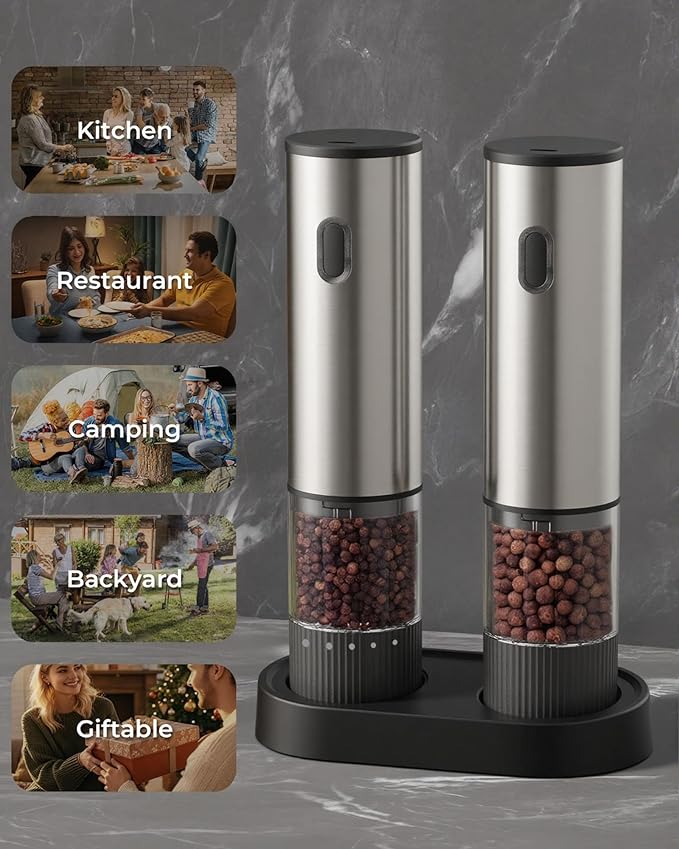 Electric Salt and Pepper Grinder Set, USB Rechargeable Salt and Pepper Shaker with LED Light, Stainless Steel Adjustable Automatic Pepper Mill for Kitchen, Dining