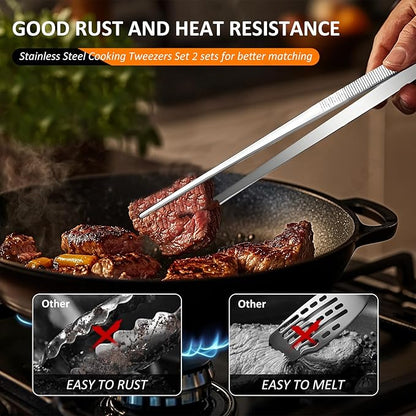2-Piece Kitchen Tongs Set: Straight & Curved Edge Stainless Steel Non-Slip Grip Tweezers with Non-Slip Grip for BBQ, Grilling Steak & Flipping Pancakes