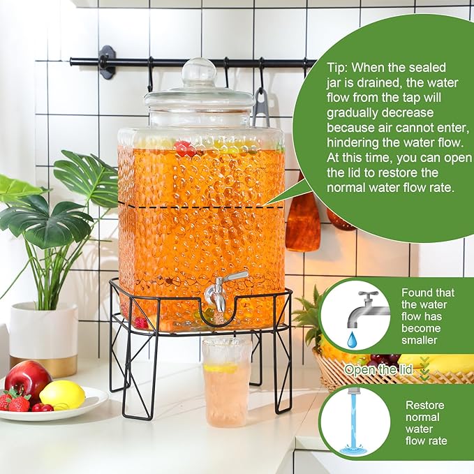 Honeydak 4.6 Gallon Glass Beverage Dispenser with Stand Stainless Steel Spigot Glass Lid Clear Iced Juice Container Leakproof Drink Dispenser Countertop Lemonade Water Jar for Wedding Party (1 Pack)
