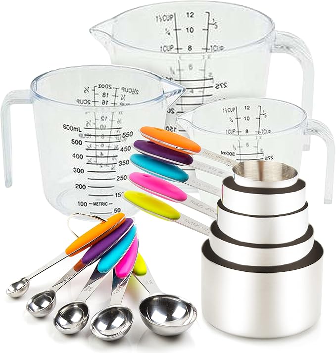 Measuring Cups and Spoons Set 13 Piece. Includes 10 Stainless Steel Measuring Spoons and Cups Set and 3 Plastic Measuring Cup. Liquid Measuring Cups Set and Dry Metal Measuring Cup Set by CONTROLKITCHEN