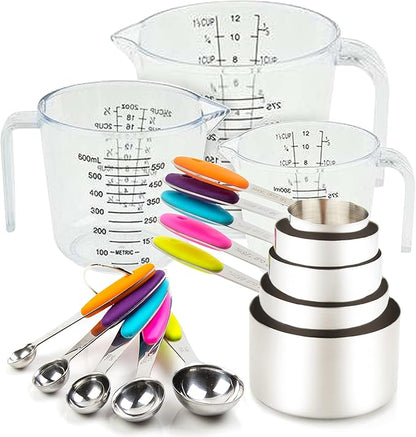 Measuring Cups and Spoons Set 13 Piece. Includes 10 Stainless Steel Measuring Spoons and Cups Set and 3 Plastic Measuring Cup. Liquid Measuring Cups Set and Dry Metal Measuring Cup Set by CONTROLKITCHEN