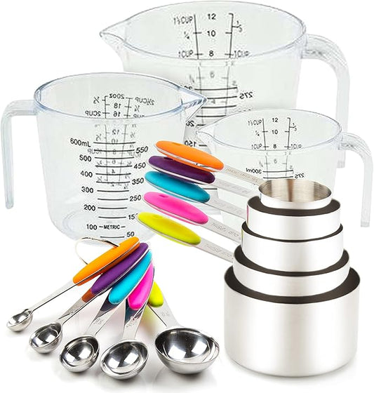 Measuring Cups and Spoons Set 13 Piece. Includes 10 Stainless Steel Measuring Spoons and Cups Set and 3 Plastic Measuring Cup. Liquid Measuring Cups Set and Dry Metal Measuring Cup Set by CONTROLKITCHEN