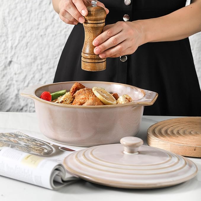 HVH Ceramic Casserole Dish with Lid Oven Safe, 2 Quart Round Casseroles Dishes Set, 9 Inches Round Baking Dish with Lid Oven Safe, Deep Casserole Dishes for Oven for Dinner Party (Sand Color) - Image 3