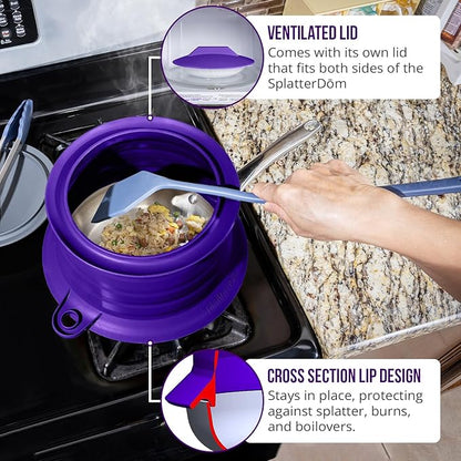 L.I.Q Silicone Splatter Guard – Fits 8 and 10 Inch Pots (20 and 25 Centimeters) – Microwave Safe and Durable SplatterDom - Includes 8” Lid - Food and Oil Splash Guard (Violet, Small)