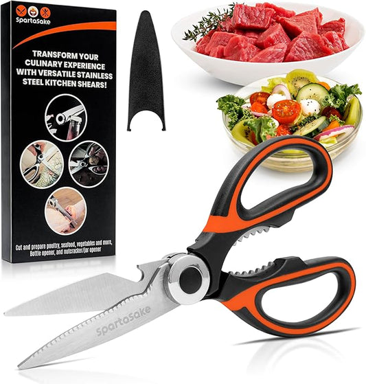 SpartaSake Premium Stainless Steel All Purpose Kitchen Shears with Sleeve - Heavy Duty Ultra Sharp kitchen Scissors for Food - Multipurpose Food Scissors for Meat Poultry Vegetable (Black-Orange)