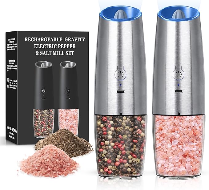 Rechargeable Salt And Pepper Grinder Set with LED Light, Automatic Electric Gravity Salt And Pepper Shakers Set, No Battery Needed, Adjustable Roughness, 2 Pack (Silver) by Unknown