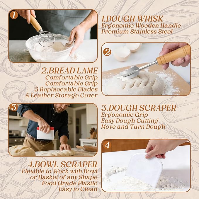 7 Pcs Large Glass Bowl for Sourdough Bread starter 4.7 Quart Glass Mixing Bowl for Sourdough Bread with Lid Sour Dough Breads Baking Supplies Clear Proofing Bowls Include Sour Dough Making Tools