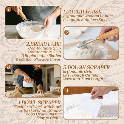 7 Pcs Large Glass Bowl for Sourdough Bread starter 4.7 Quart Glass Mixing Bowl for Sourdough Bread with Lid Sour Dough Breads Baking Supplies Clear Proofing Bowls Include Sour Dough Making Tools