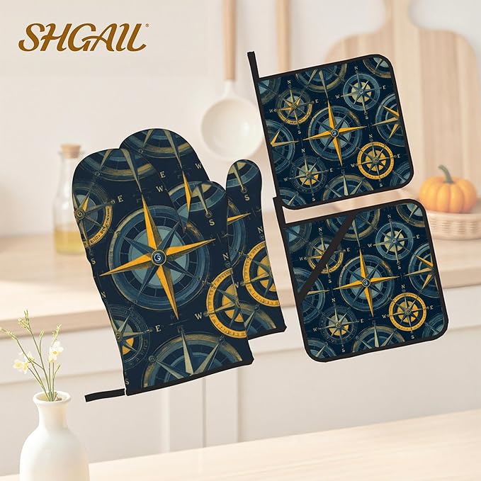 Campass Sailor Oven Mitts & Potholder Set of 4 - Heat Resistant Kitchen Gloves Hot Pads for Baking, Cooking, Gifts for Women