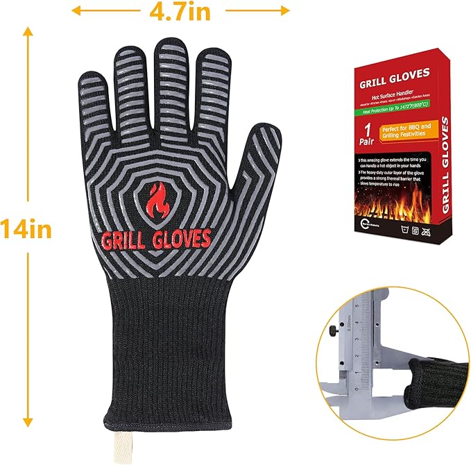 QUWIN BBQ Gloves, Oven Gloves 1472℉ Extreme Heat Resistant, Grilling Gloves Silicone Non-Slip Oven Mitts, Kitchen Gloves for BBQ, Grilling, Cooking, Baking-1 Pair… (Black, One Size(Long Cuff)) - Image 7
