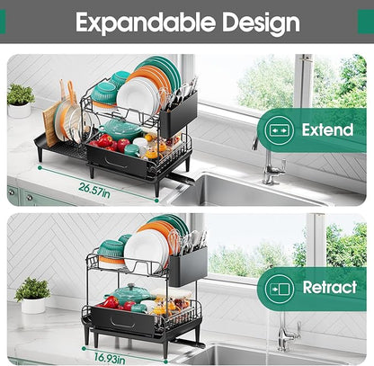 Urackify Dish Drying Rack for Kitchen Counter, Expandable 2 Tier Dish Rack, Large Capacity Dish Drainer with Drainboard Multifunctional Dish Strainer with Removable Cutlery Holder Black - Image 2